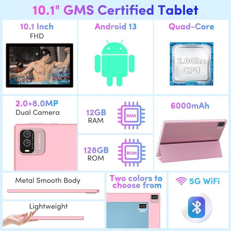 Android 13 tablet with keyboard, 10.1 inch 2 in 1 Tablets, 12GB RAM + 128GB ROM 2.0GHz CPU tableta, 2.4g 5G wifi6 BT 5.0 tablet PC, 1280*800 HD tablet with case mouse stylus film, 6000mAh battery tablet