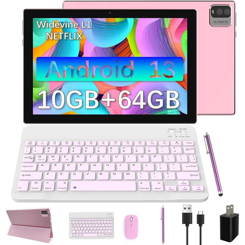 2 in 1 Tablet, 10 inch Android 13 Tablet with Keyboard, 10GB+64GB+512GB Expand Dual Camera, IPS Touch Screen Tablet Computer, WiFi, Bluetooth, Long Battery Life, Certified Tablet PC, Pink