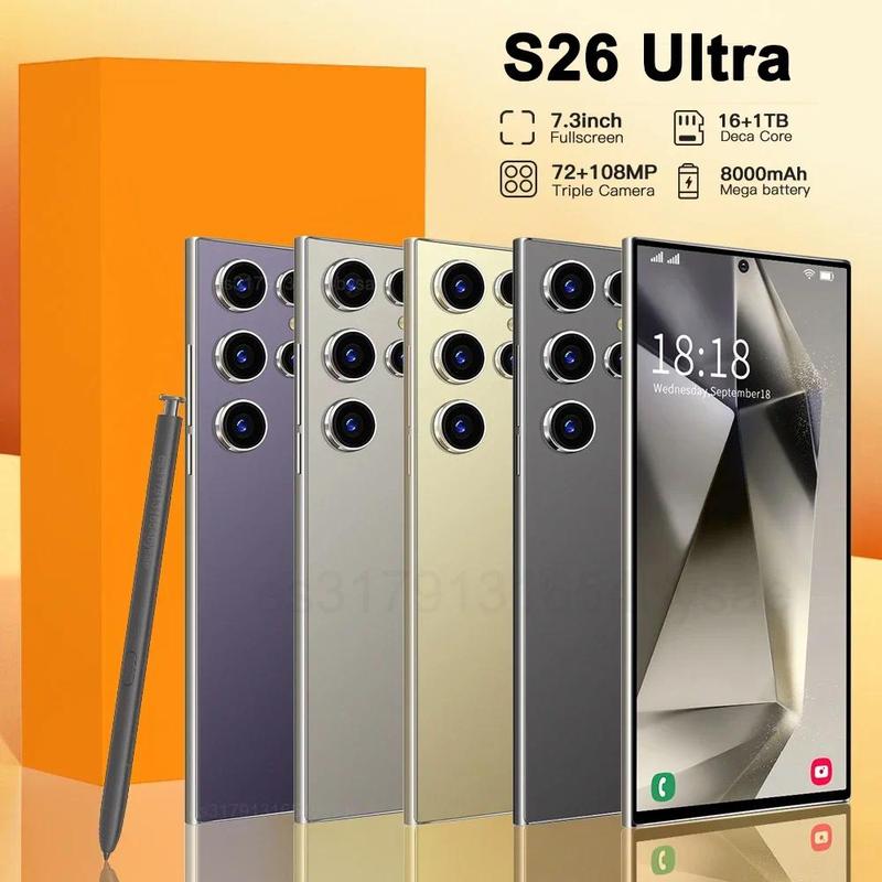 New S Series   Super Smartphone 7.3-inch HD 5G Snapdragon 8Gen3 16GB+1TB Android 14 7800mAh 70+108MP Phone Facial Recognition, Comes with Phone Case, Black, Gold, Purple, Gray, Adequate Stock, Limited Order per Person Mobile Cellphone