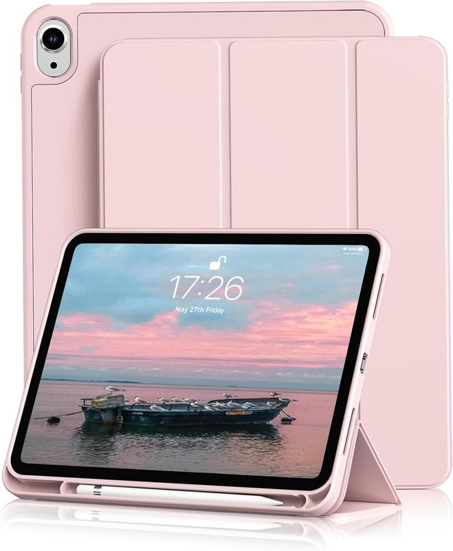 for iPad 10th Generation Case 2022 with Pencil Holder, iPad 10.9 Inch Case with Soft TPU  Shell Hybrid Slim Trifold Stand Protective Cover Support Touch ID Auto Wake Sleep (Pink)