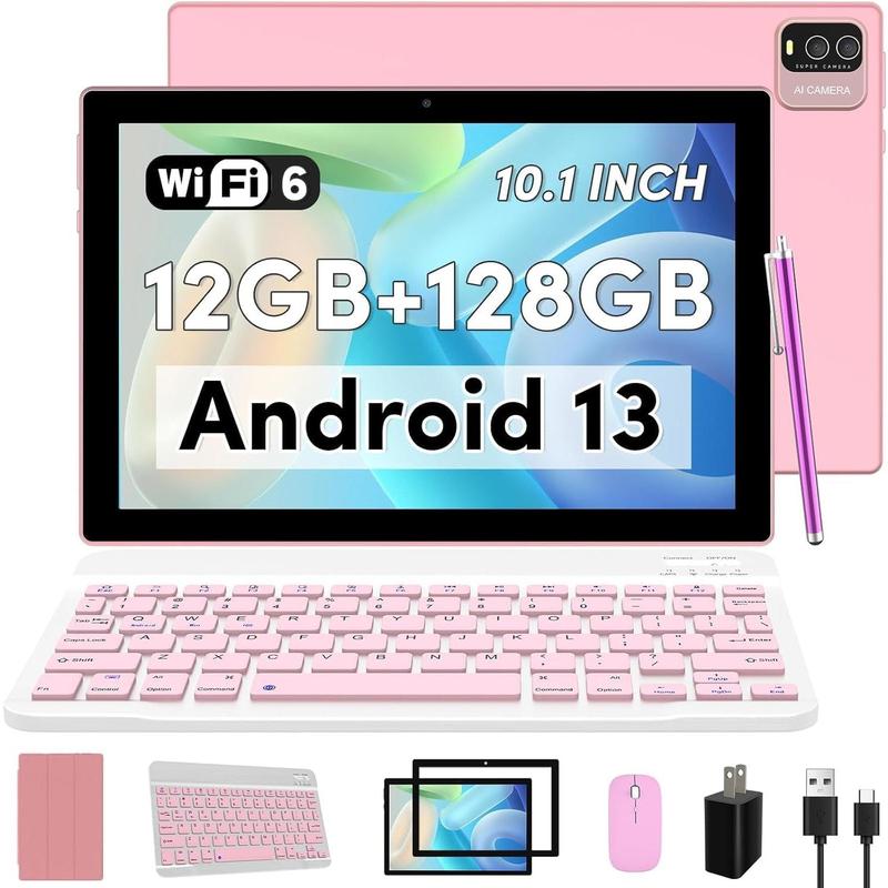 Android 13 tablet with keyboard, 10.1 inch 2 in 1 Tablets, 12GB RAM + 128GB ROM 2.0GHz CPU tableta, 2.4g 5G wifi6 BT 5.0 tablet PC, 1280*800 HD tablet with case mouse stylus film, 6000mAh battery tablet