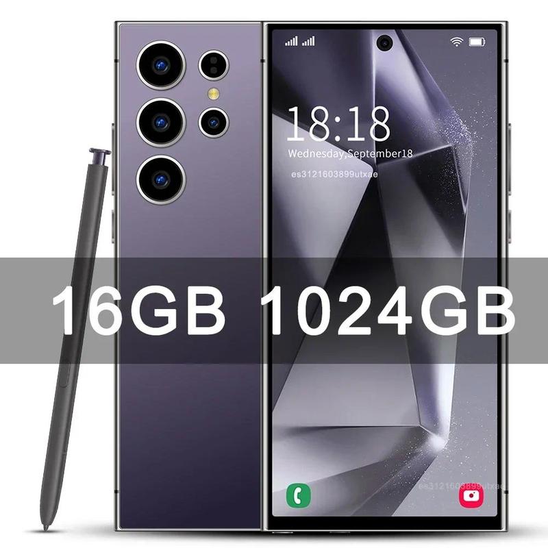 New S Series   Super Smartphone 7.3-inch HD 5G Snapdragon 8Gen3 16GB+1TB Android 14 7800mAh 70+108MP Phone Facial Recognition, Comes with Phone Case, Black, Gold, Purple, Gray, Adequate Stock, Limited Order per Person Mobile Cellphone