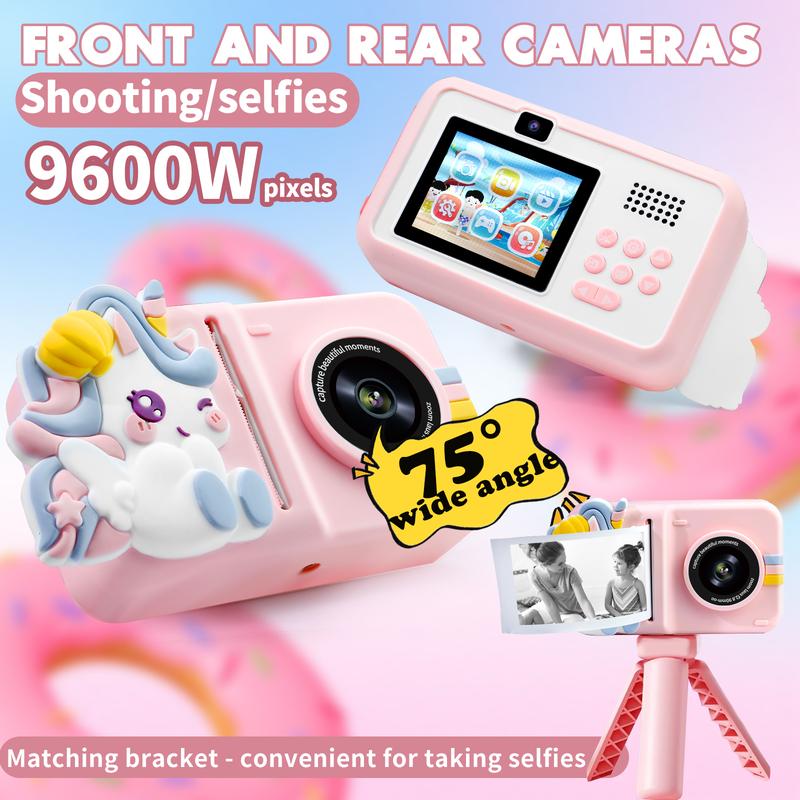 Kids Instant Print Camera, Portable Toy with 1080p HD Digital Video Camera, Records Videos, Supports Black and White Photos