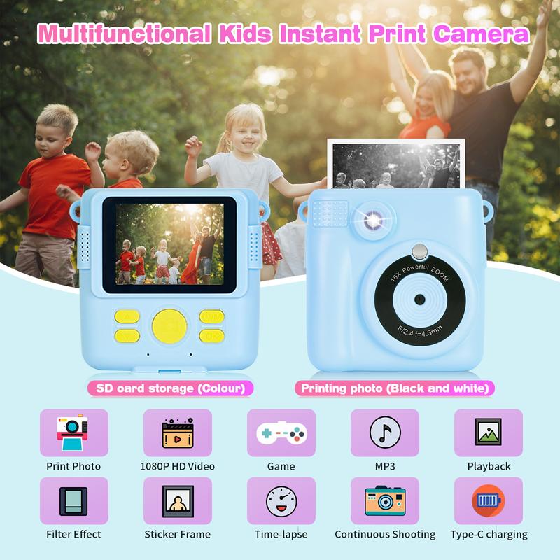 Instant Print Camera for Kids - 2.4 Inch Kids Camera Instant Print with Print Paper & 32G Card- Kids Toys HD Digital Camera as Christams Birthday Gifts for Girls Boys Age 3-12 Mini Instant