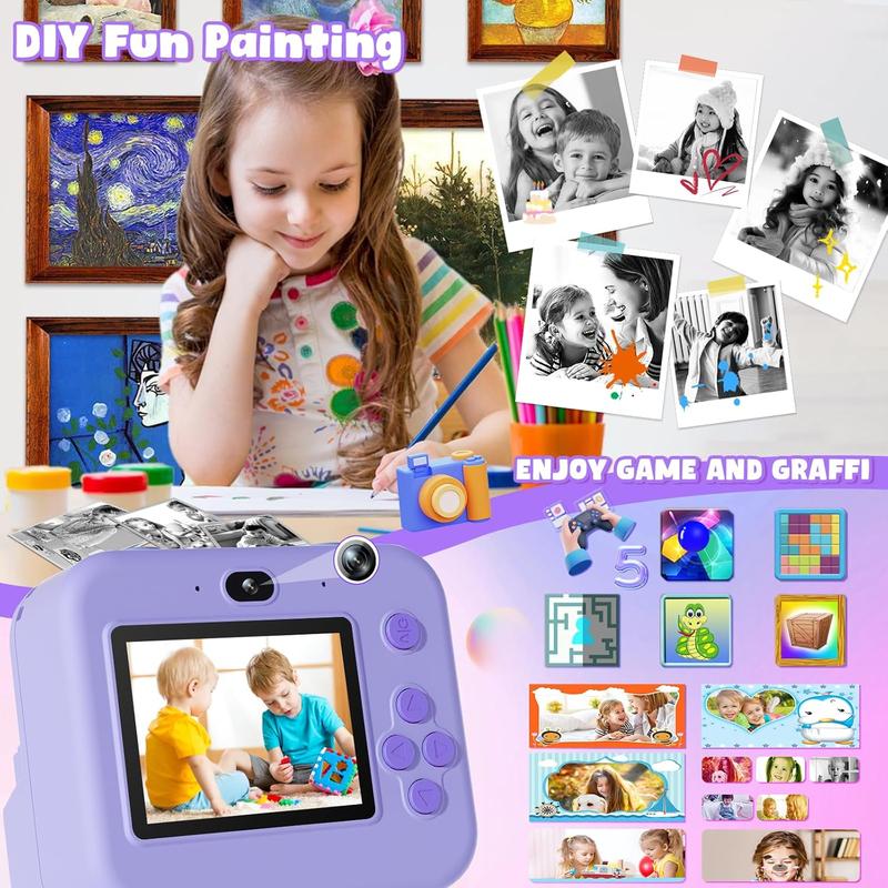 GKTZ Kids Camera Instant Print - Dual Camera Photo 1080P HD Video, Birthday for Boys and Girls, Toddler Digital Camera with 3 Print Paper, Portable Toys for Kids 3-12