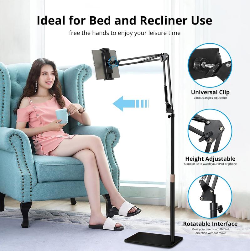 Tablet Floor Stand Holder Adjustable,360-Degree Rotatable Tablet Holder,Tablet Floor Stand For Bed - Angle Height Adjustable, Arm Stretchable, Compatible With 4.5''-10.2'' Tablet And Phones