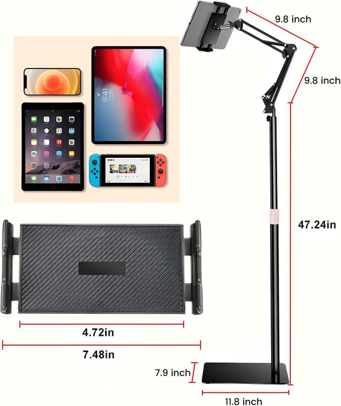 Tablet Floor Stand Holder Adjustable,360-Degree Rotatable Tablet Holder,Tablet Floor Stand For Bed - Angle Height Adjustable, Arm Stretchable, Compatible With 4.5''-10.2'' Tablet And Phones