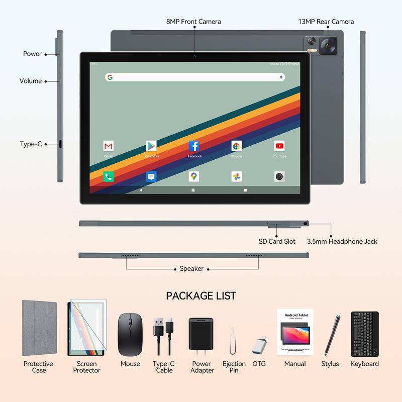 Newest Android 14 Tablet WIFI6 Large Storage 8GB RAM (4+4 Virtual) + 64GB ROM+512GB Expandable, Octa-Core 2 in 1 Tablet with Keyboard, 7000 mAh Battery Tablet 10.1 Inch Screen, Bluetooth Case Mouse