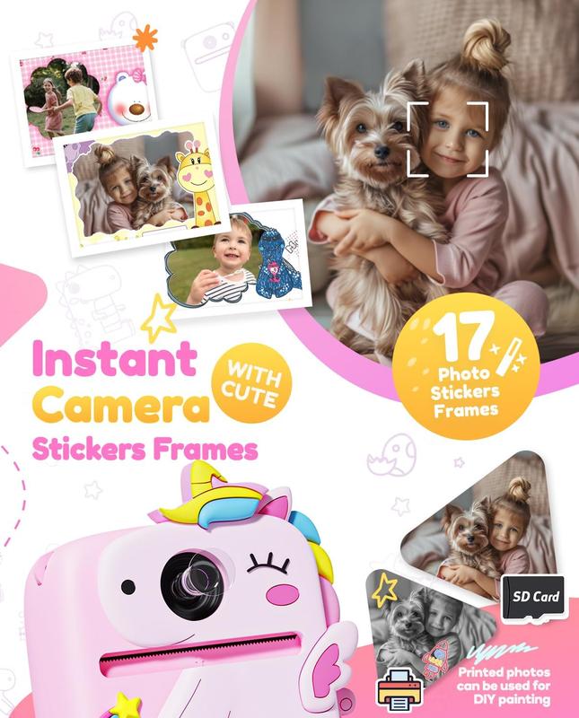 Kids Camera Instant Print, 1080P HD Digital Video Cameras for Kids with Print Paper & SD Card, Christmas Birthday Gifts for Girls Boys, Portable Unicorn Toys for 3-10 Year Old Girls Boys- Pink