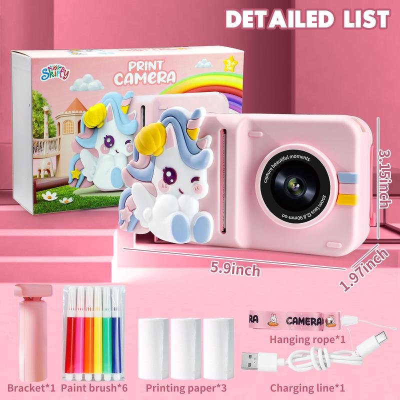 Kids Instant Print Camera, Portable Toy with 1080p HD Digital Video Camera, Records Videos, Supports Black and White Photos