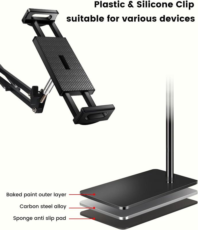 Tablet Floor Stand Holder Adjustable,360-Degree Rotatable Tablet Holder,Tablet Floor Stand For Bed - Angle Height Adjustable, Arm Stretchable, Compatible With 4.5''-10.2'' Tablet And Phones