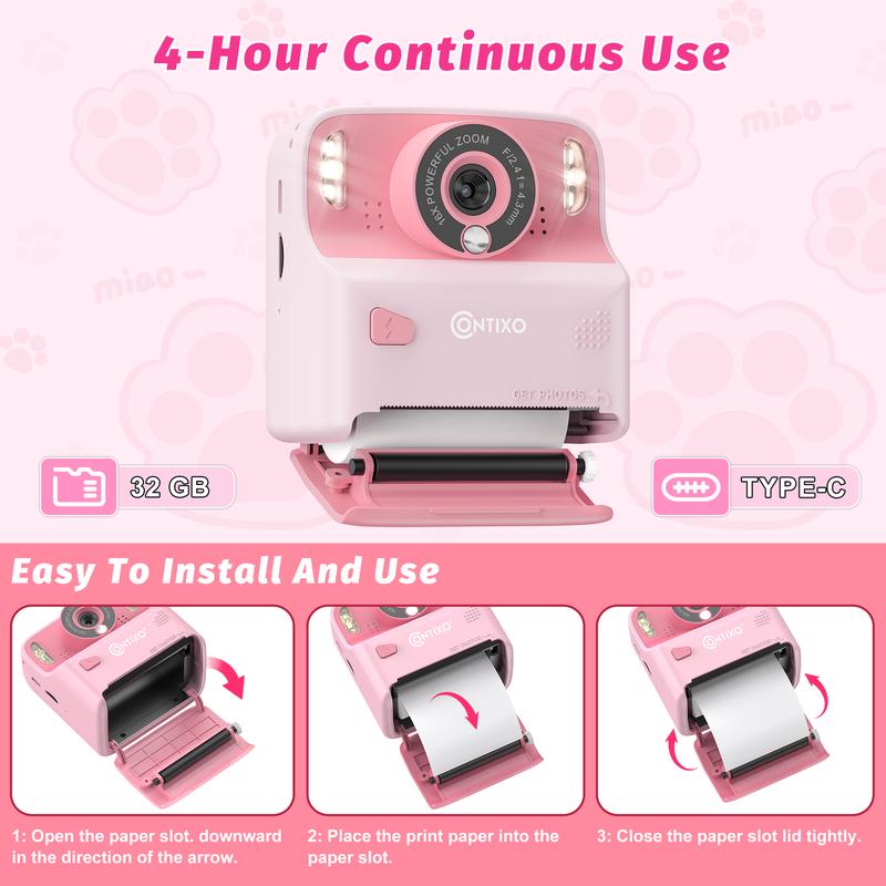 Contixo Instant Print Kids Camera, 26MP, 1080p, Games, MP3, 32GB Card, 3 Paper Rolls, Ages 3-12