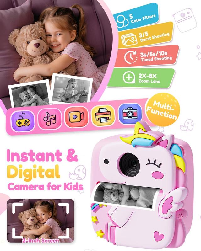 Kids Camera Instant Print, 1080P HD Digital Video Cameras for Kids with Print Paper & SD Card, Christmas Birthday Gifts for Girls Boys, Portable Unicorn Toys for 3-10 Year Old Girls Boys- Pink