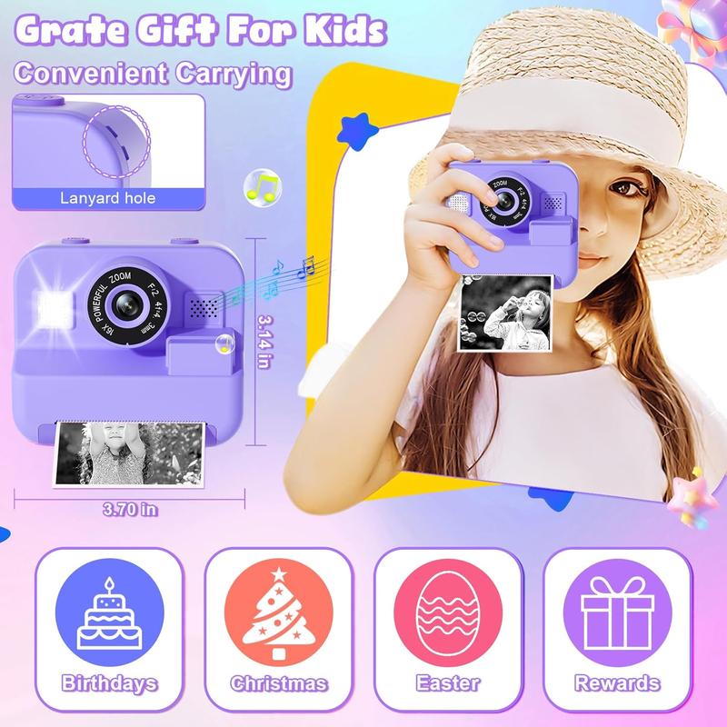 GKTZ Kids Camera Instant Print - Dual Camera Photo 1080P HD Video, Birthday for Boys and Girls, Toddler Digital Camera with 3 Print Paper, Portable Toys for Kids 3-12