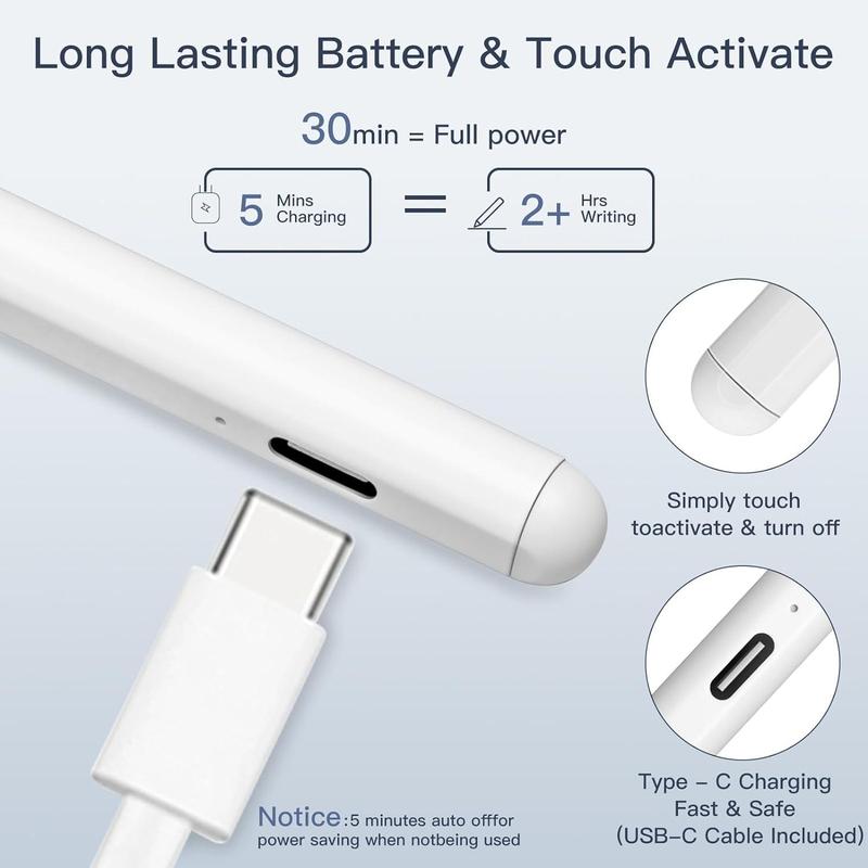 iPad 9 and 10 generation Stylus - 2x Fast charging Active Pencil Palm rejection tilt sensor, compatible with 2018-2023 Apple iPad Pro11&12.9 