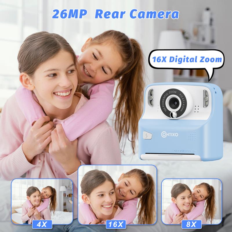 Contixo Instant Print Kids Camera, 26MP, 1080p, Games, MP3, 32GB Card, 3 Paper Rolls, Ages 3-12