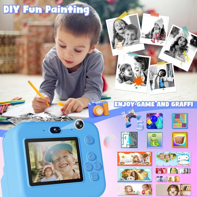 GKTZ Kids Camera Instant Print - Dual Camera Photo 1080P HD Video, Birthday for Boys and Girls, Toddler Digital Camera with 3 Print Paper, Portable Toys for Kids 3-12