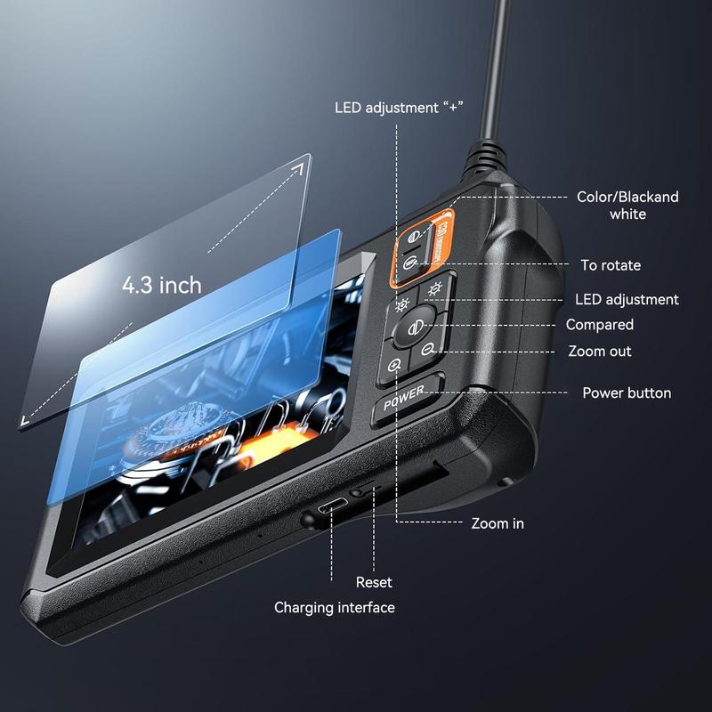 4.3inch IPS Display HD Digital Endoscope Camera, IP67 Waterproof Industrial Endoscope, Car Inspection Tool For Car Repair, Stocking Fillers Gift