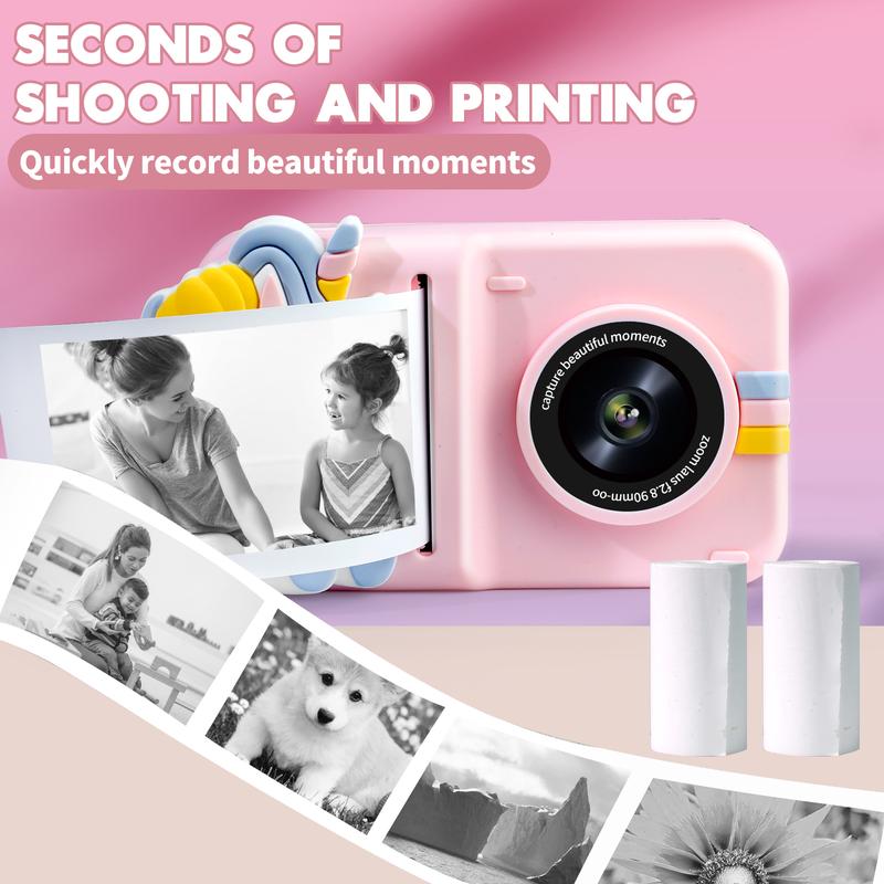 Kids Instant Print Camera, Portable Toy with 1080p HD Digital Video Camera, Records Videos, Supports Black and White Photos