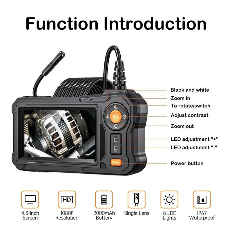 Industrial Endoscope Inspection Camera, 1 Count Rechargeable Borescope Sewer Camera with Handheld IP67 Waterproof Snake Camera & 8 LED Lights