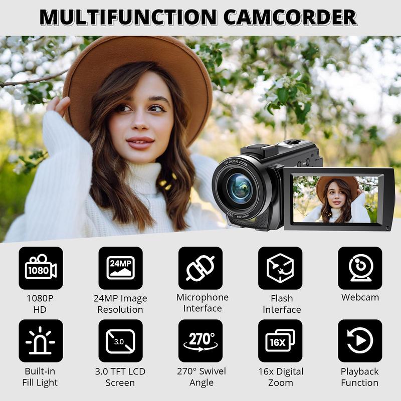 1080P Digital Video Camera, 24MP Pixel 270 Degree Rotatable Camera for Vlogging, 16X Digital Zoom Video Camcorders with 32G Memory Card, Vlogging Camera, Portable Recording Digital Camera, Retro Camera for Recording Life, Boyfriend Gift