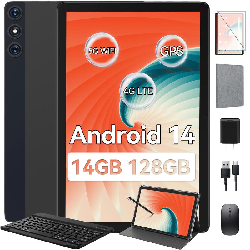 Android 14 Tablet, 128GB+14(8+6 Expand)GB, 10inch 4G Phone Tablet, 5G WIFI+Cellular, Octa-Core, Dual Sim Card Slot, 13MP Camera,GPS,1TB Expand,1920*1200 FHD IPS,8000mAh,Face Unlock,Tablet with Keyboard, Tablet kids Android