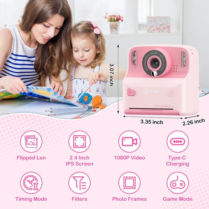 Contixo Instant Print Kids Camera, 26MP, 1080p, Games, MP3, 32GB Card, 3 Paper Rolls, Ages 3-12