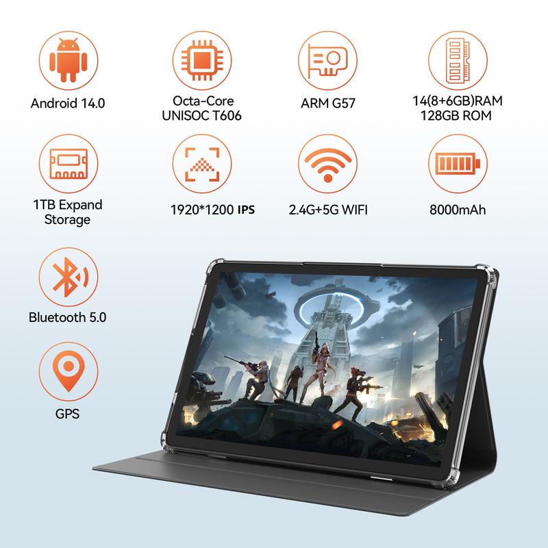 Android 14 Tablet, 128GB+14(8+6 Expand)GB, 10inch 4G Phone Tablet, 5G WIFI+Cellular, Octa-Core, Dual Sim Card Slot, 13MP Camera,GPS,1TB Expand,1920*1200 FHD IPS,8000mAh,Face Unlock,Tablet with Keyboard, Tablet kids Android