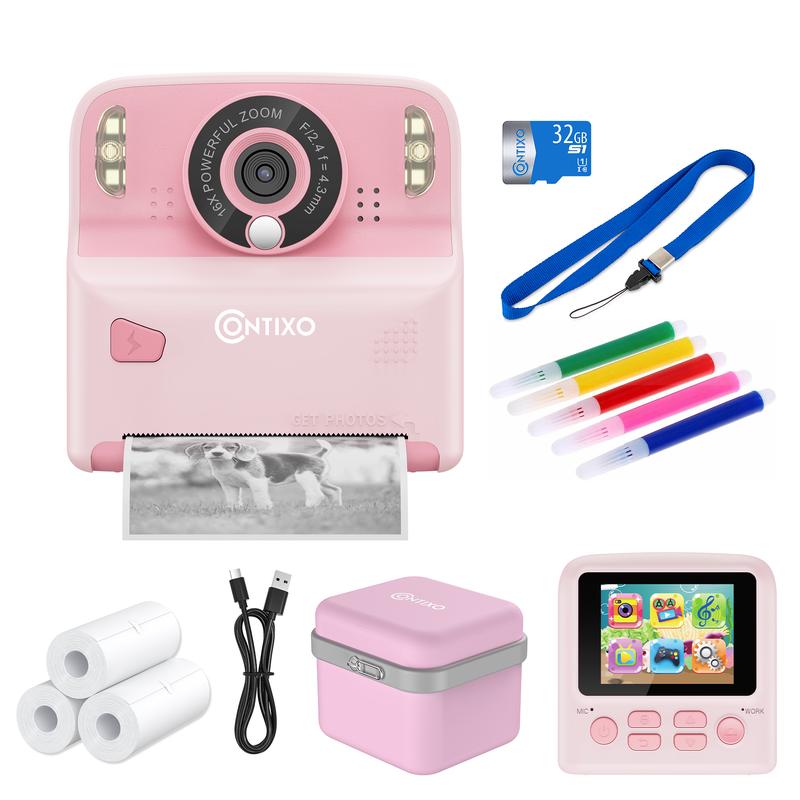 Contixo Instant Print Kids Camera, 26MP, 1080p, Games, MP3, 32GB Card, 3 Paper Rolls, Ages 3-12