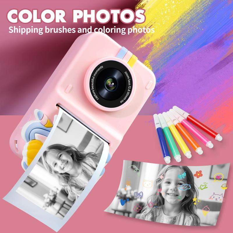 Kids Instant Print Camera, Portable Toy with 1080p HD Digital Video Camera, Records Videos, Supports Black and White Photos