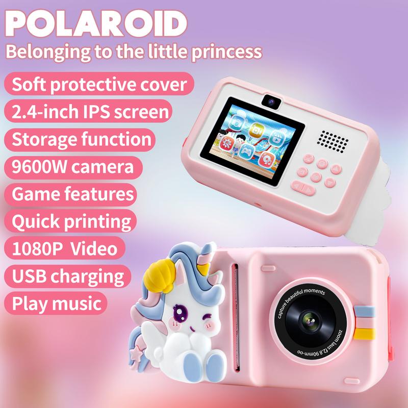 Kids Instant Print Camera, Portable Toy with 1080p HD Digital Video Camera, Records Videos, Supports Black and White Photos