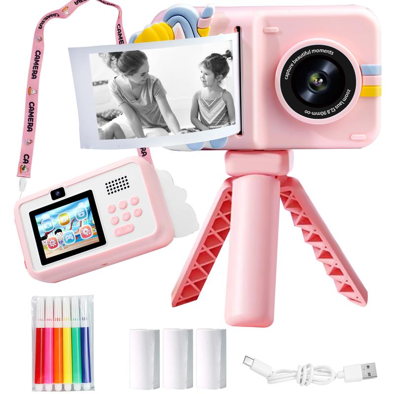 Kids Instant Print Camera, Portable Toy with 1080p HD Digital Video Camera, Records Videos, Supports Black and White Photos