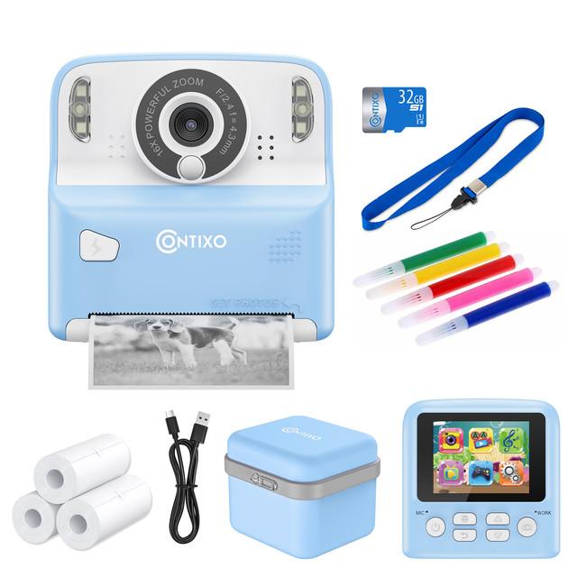 Contixo Instant Print Kids Camera, 26MP, 1080p, Games, MP3, 32GB Card, 3 Paper Rolls, Ages 3-12