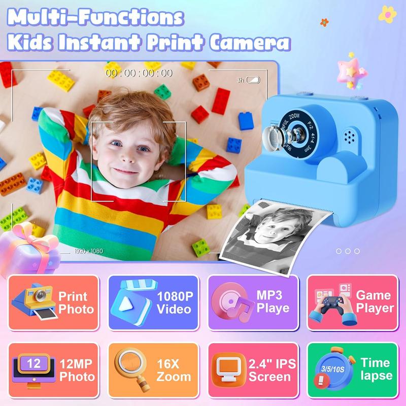 GKTZ Kids Camera Instant Print - Dual Camera Photo 1080P HD Video, Birthday for Boys and Girls, Toddler Digital Camera with 3 Print Paper, Portable Toys for Kids 3-12