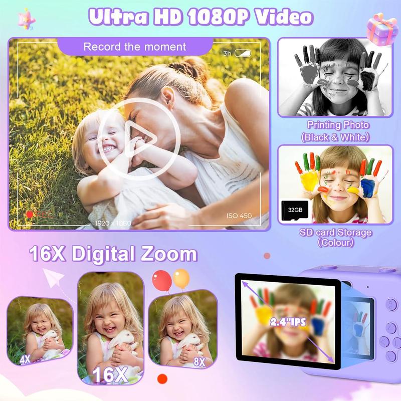 GKTZ Kids Camera Instant Print - Dual Camera Photo 1080P HD Video, Birthday for Boys and Girls, Toddler Digital Camera with 3 Print Paper, Portable Toys for Kids 3-12