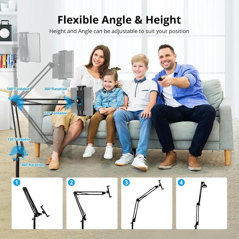 Tablet Floor Stand Holder Adjustable,360-Degree Rotatable Tablet Holder,Tablet Floor Stand For Bed - Angle Height Adjustable, Arm Stretchable, Compatible With 4.5''-10.2'' Tablet And Phones