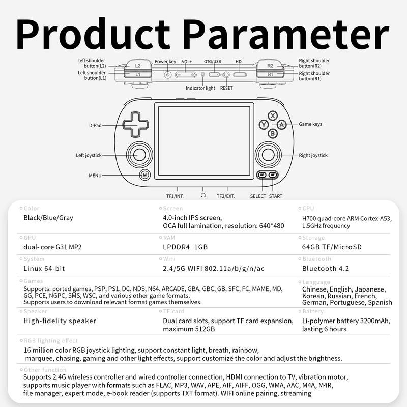 Anbernic RG40XX H Retro Handheld Game Consoles RG40XXH Retro Gaming Console with 64 TF Card Portable Gaming Console Linux 64-bit System 4 inch IPS Screen Supports WiFi Bluetooth HD and TV Output