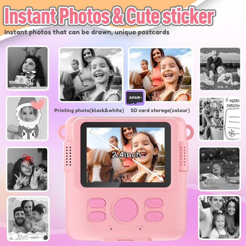 Instant Print Camera for Kids, Christmas Birthday Gifts Girls Boys Age 3-12, HD Digital Video Cameras Toddler, Portable Toy 3 4 5 6 7 8 9 10 Year Old Girl with 32GB SD Card-Pink