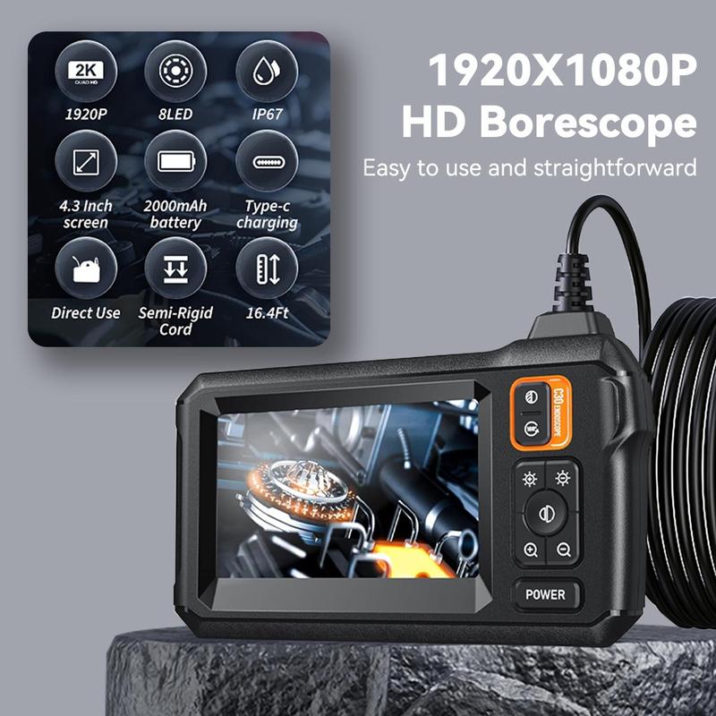 4.3inch IPS Display HD Digital Endoscope Camera, IP67 Waterproof Industrial Endoscope, Car Inspection Tool For Car Repair, Stocking Fillers Gift