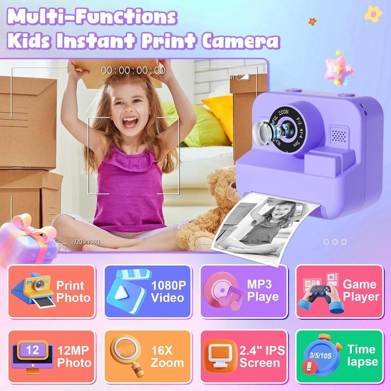 GKTZ Kids Camera Instant Print - Dual Camera Photo 1080P HD Video, Birthday for Boys and Girls, Toddler Digital Camera with 3 Print Paper, Portable Toys for Kids 3-12