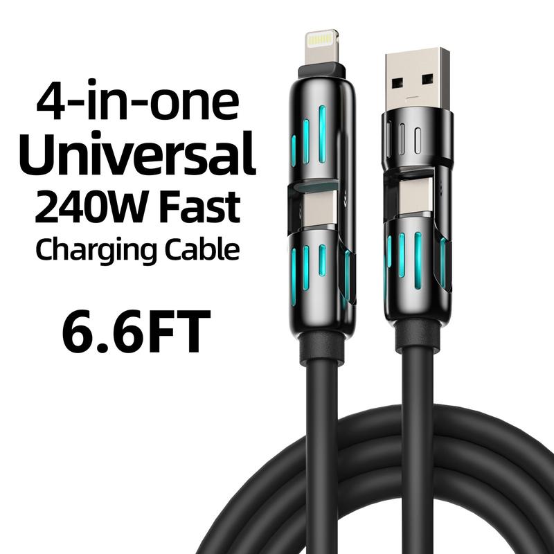 6.6ft 240W 4-in-1 USB Charging Cable - m fish Fast Charging for A+ TYPE C and Lightning fast charge for iphone 13 14 15 16，ipad,huawei，Android