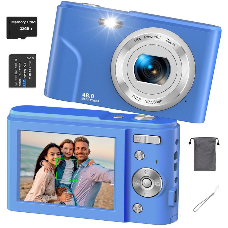 Auto Focus Digital Camera, 1 Count Full HD 1080P 48MP Mini Digital Cameras with 32G Memory Card, Ff (F 3.2, f=7.36mm), 16x Zoom Cameras for Pictures, Mini Camera, Digital Cameras for Teenagers Beginners, Point Shoot Cameras