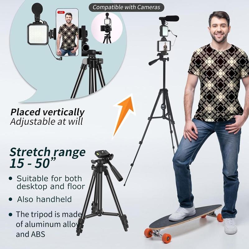 Video Blog Kit for YouTubers, 1 Set Telescopic Tripod & Microphone & Fill Light & Remote Control, Perfect Video Recording Accessories for iPhone & Android & Camera