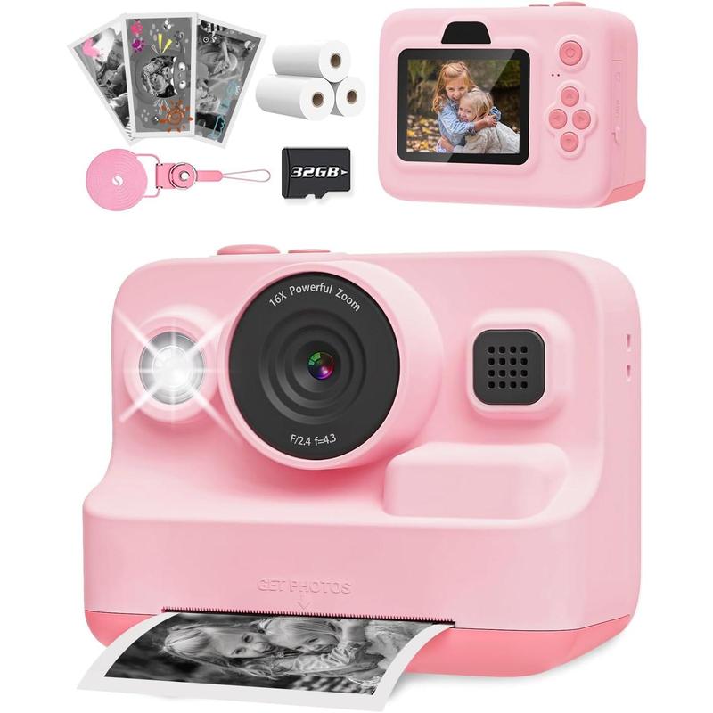 Instant Print Camera for , 2.4 Inch Screen  Camera for Girls with 3 Print Paper, Birthday Gift for Girls Boys  3-12, 1080P Instant Camera Toys for  6 7 8 Year Old Girl Pink