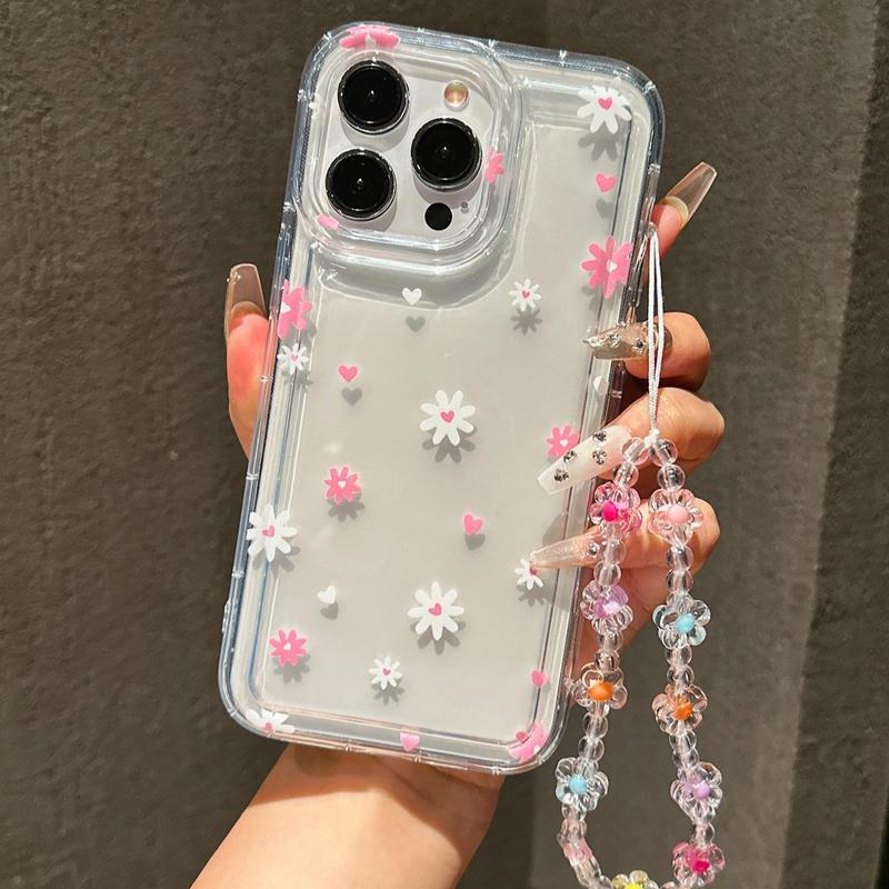 Cute Flower & Heart Decorative Phone Case with Lanyard, Shockproof Phone Protective Cover, Phone Accessories Compatible with iPhone 11 12 13 14 15 Pro Max