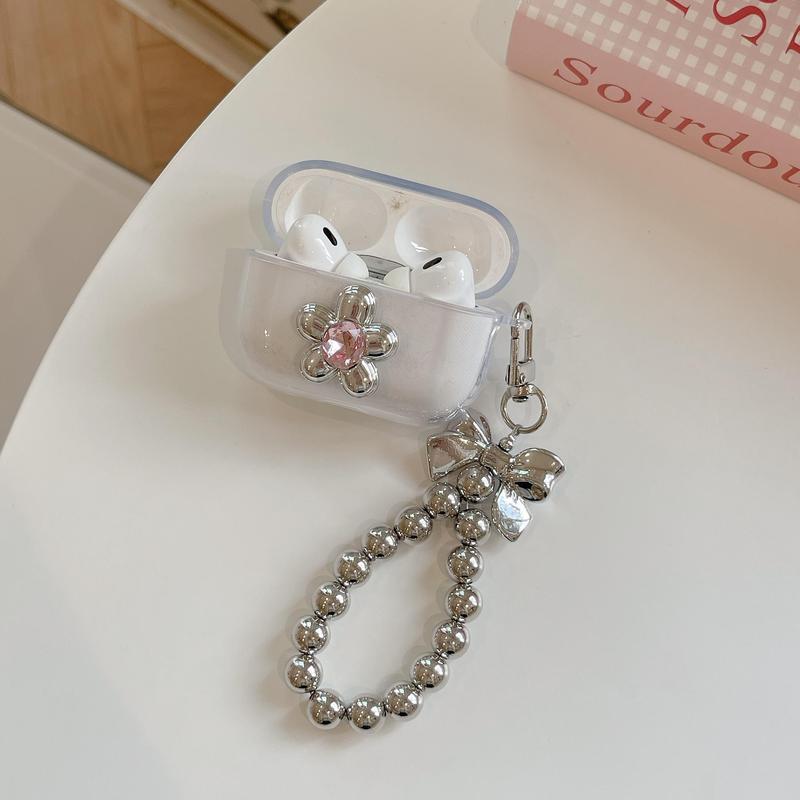 Flower Design Earphone Case with Bowknot Chain, Cute Earphone Protective Cover, Earphone Accessories Compatible with AirPods