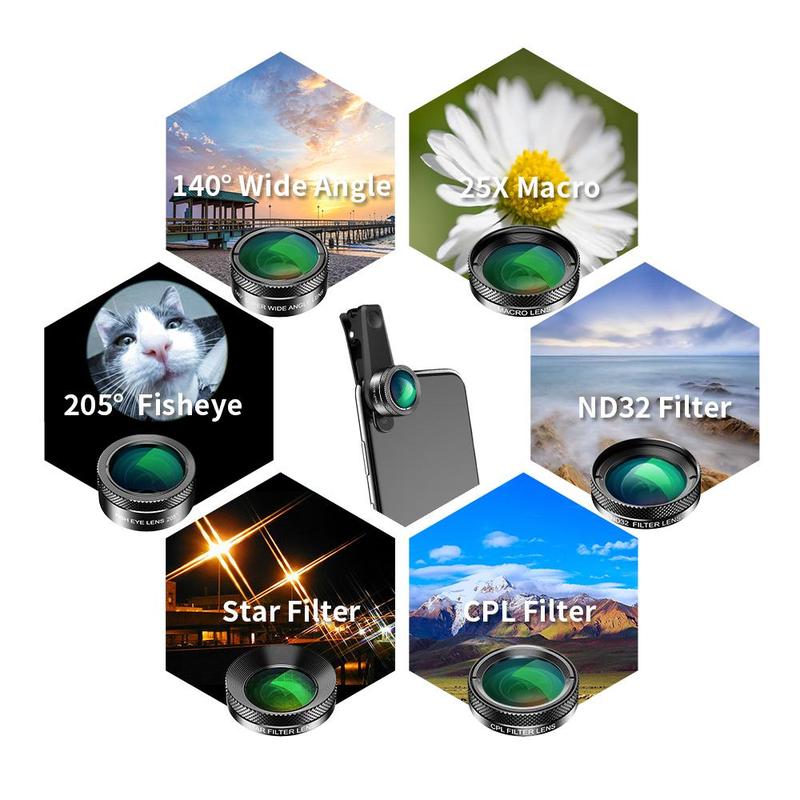 APEXEL 6 in 1 Phone Lens Kit, 205° Fisheye Lens & 25X Macro Lens & 140° Wide Angle Lens & CPL Lens & Star Filter & ND Filter, Phone Photography Accessories