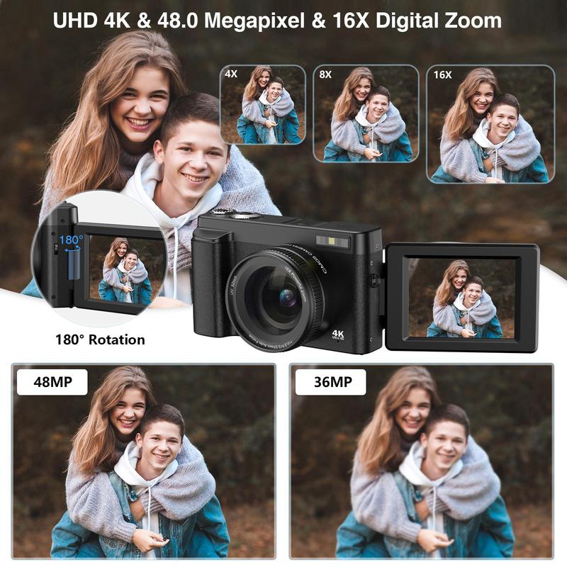 4K Video Recording Digital Camera, 48MP Auto Focus Pixel Digital Camera with 16X Digital Zoom, Vlogging Camera, Entry Level Camera with 32G Memory Card for Beginners