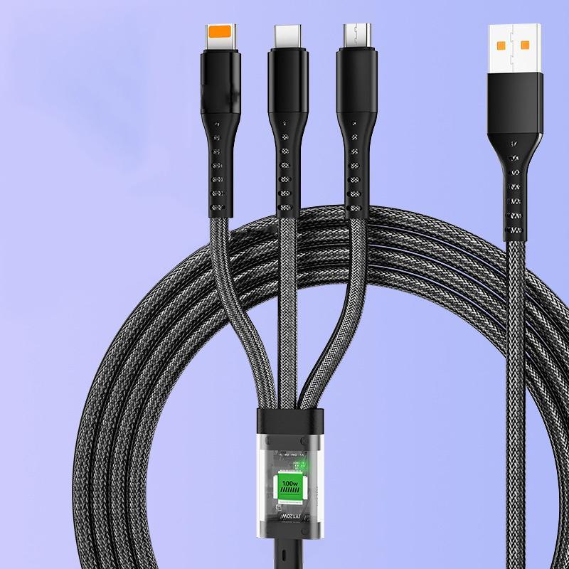 3 In 1 USB Data Cable, 100W Type C Data Cable, Super Fast Charging Cable, Aluminum Cellphone Charger Cable for iPhone Huawei Vivo OPPO