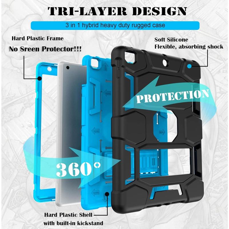 For iPad 9th Generation Case, iPad 8th 7th Generation Case, iPad 10.2   2019 Case with Kickstand, Heavy Duty Shockproof Hybrid Three Layer Protective Cover for  Boys, Black+Sky Blue Accessories Computer